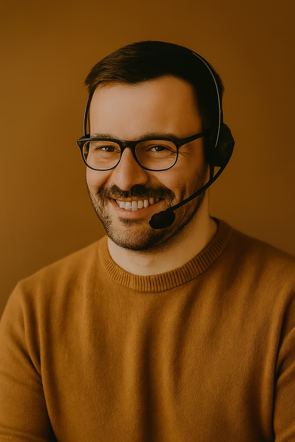 Freundlicher Kundenservice-Mitarbeiter mit Headset im Retro-Orange Design – Symbol für kundenorientierten Service im Vintage- und Retro-Onlineshop Ravify.