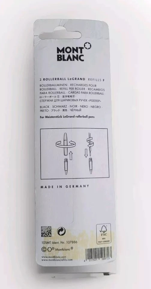 ine Verpackung Montblanc 2 Rollerball LeGrand Refills F. Enthält Nachfüllungen für Meisterstück LeGrand Rollerballstifte. Die Verpackung zeigt Einsetzen der Nachfüllung und weist auf Herstellung in Deutschland hin. Logos wie FSC Mix und IOSMT Ident. Nr. 107886 & Website-URLs: www.montblanc.comund www.montblancrefills.com.