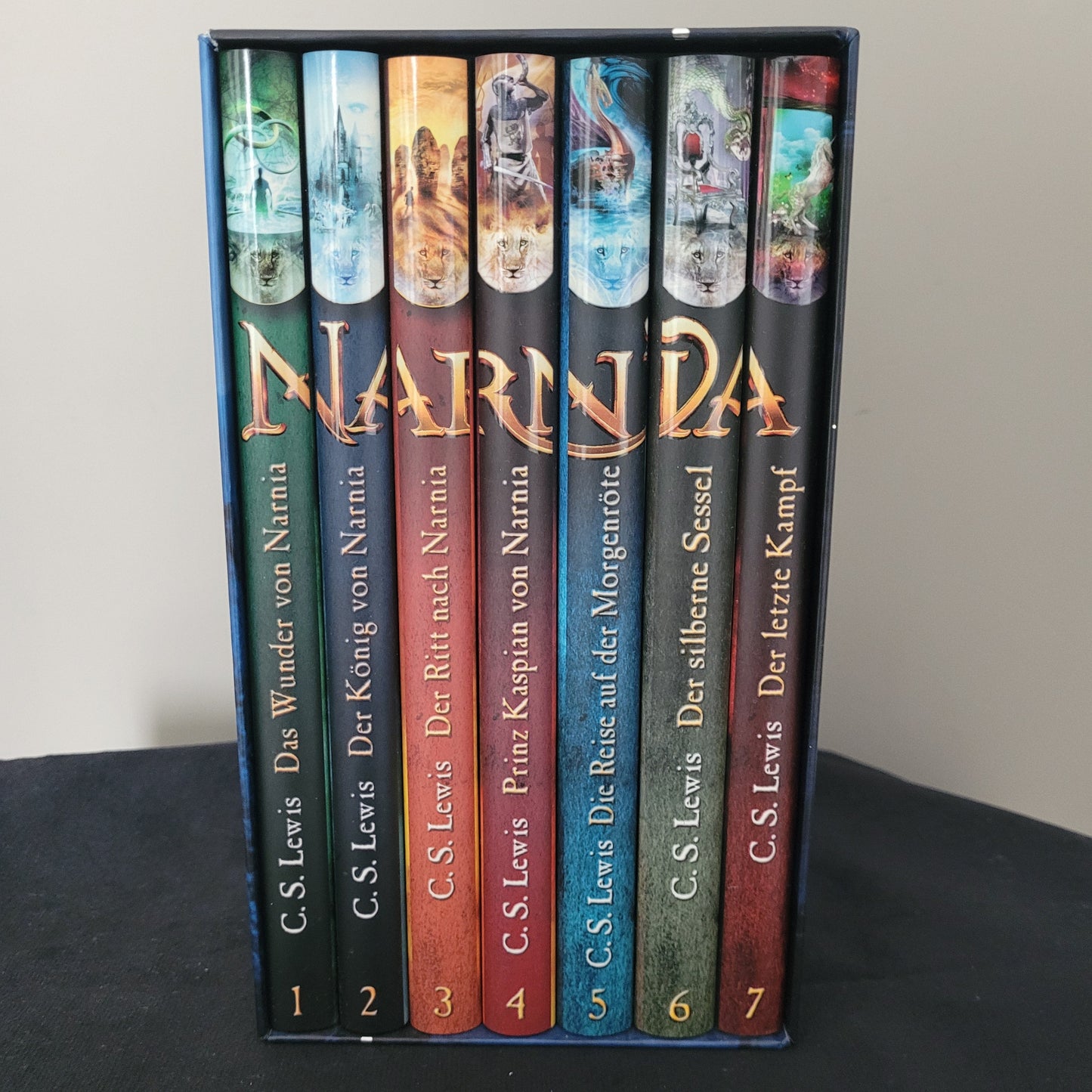 Das Bild zeigt die Vorderseite des Buchsets „Die Chroniken von Narnia“ von C.S. Lewis. Zu sehen sind alle sieben Bände, ordentlich nebeneinander platziert, mit ihren individuell gestalteten Buchrücken, die eine harmonische Einheit bilden. Die Titel der einzelnen Bücher sind klar erkennbar und unterstreichen die Vollständigkeit des Sets. Die Bücher befinden sich auf einem dunklen Untergrund, wodurch die Details und Farben der Einbände besonders hervorgehoben werden.