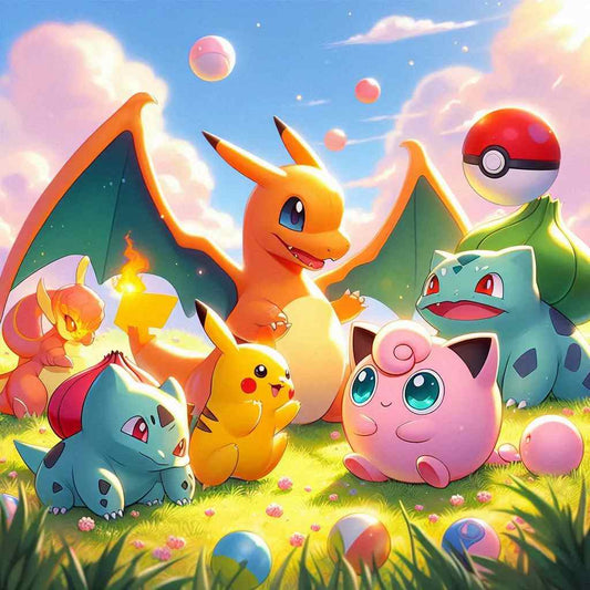 Das Bild zeigt Pokémon wie Glurak, Pikachu, Bisasam, Jigglypuff und Glutexo auf einer grünen Wiese unter einem sonnigen Himmel. Glurak steht im Mittelpunkt und interagiert mit den anderen Pokémon.