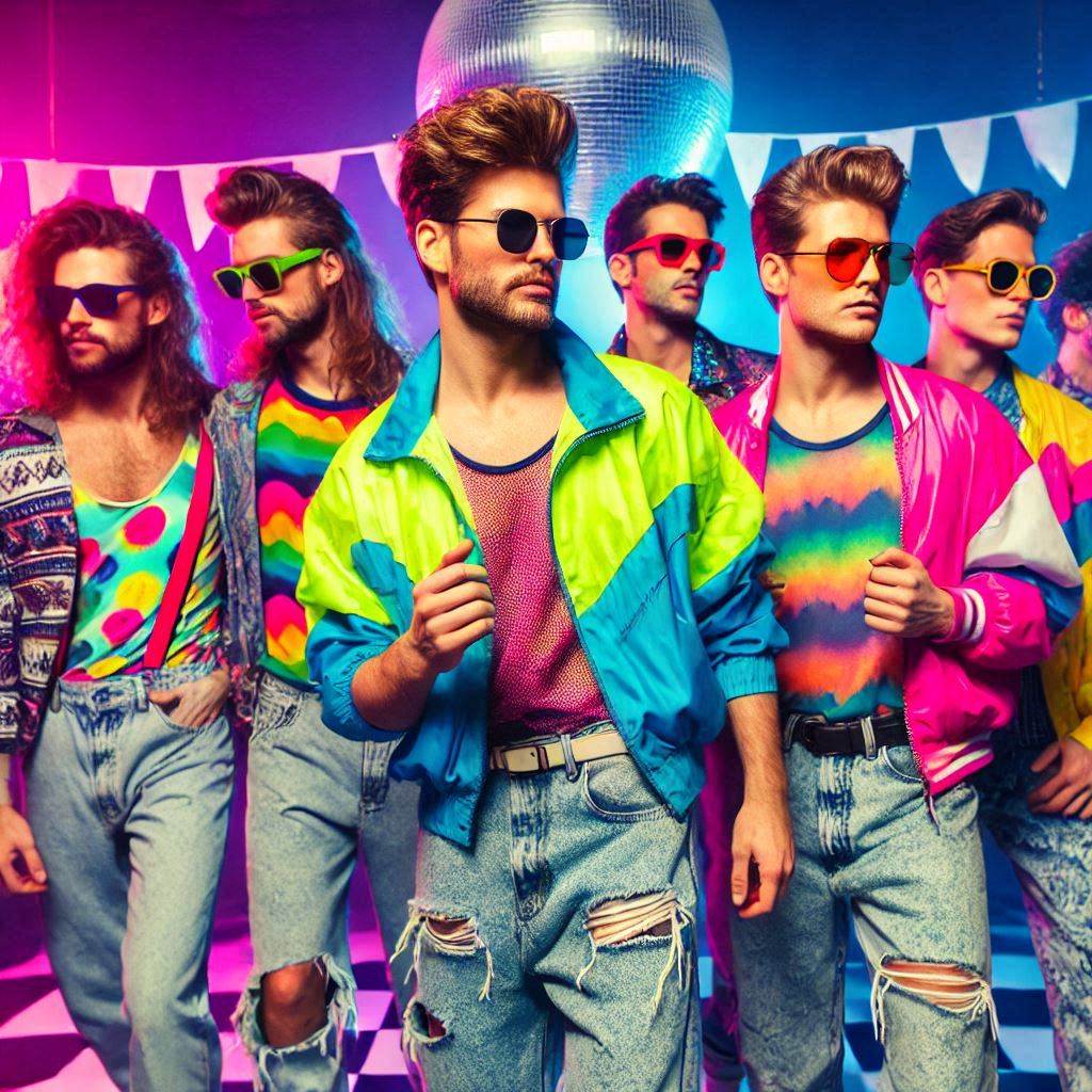Ein Bild, das die Mode und Trends der 80er Jahre zeigt, mit Männern in typischer Kleidung wie Neonfarben, Schulterpolstern und Jeansjacken.