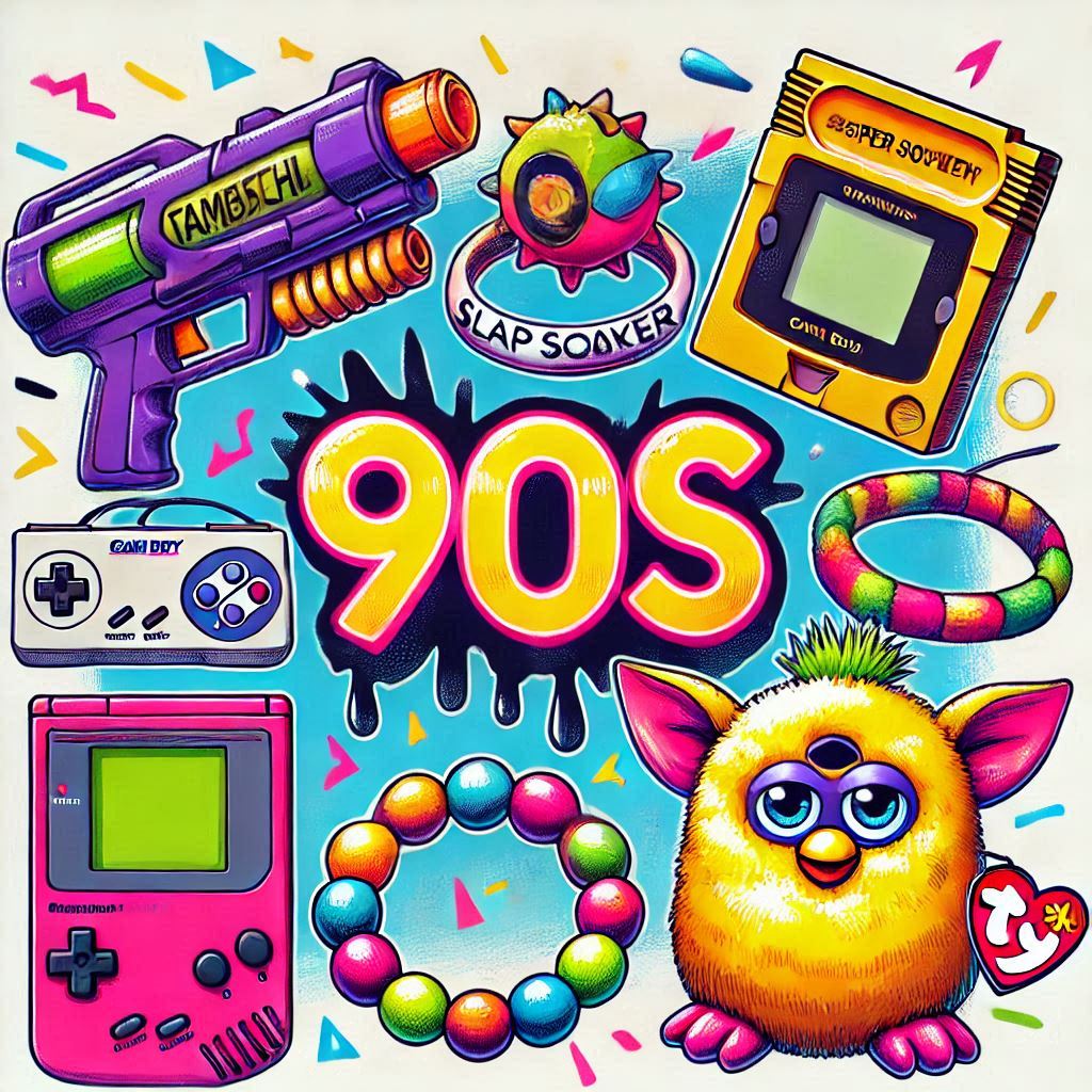 Bild zeigt Produkte der 90er Jahre, inklusive Tamagotchi, CD-Player, Game Boy und Furby, sowie den Text "90's".