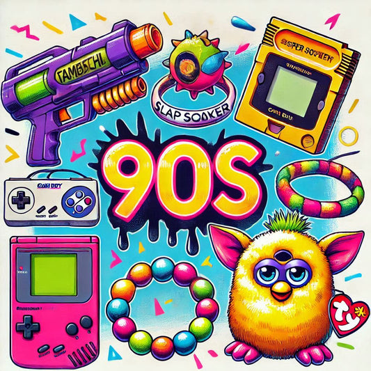 Bild zeigt Produkte der 90er Jahre, inklusive Tamagotchi, CD-Player, Game Boy und Furby, sowie den Text "90's".