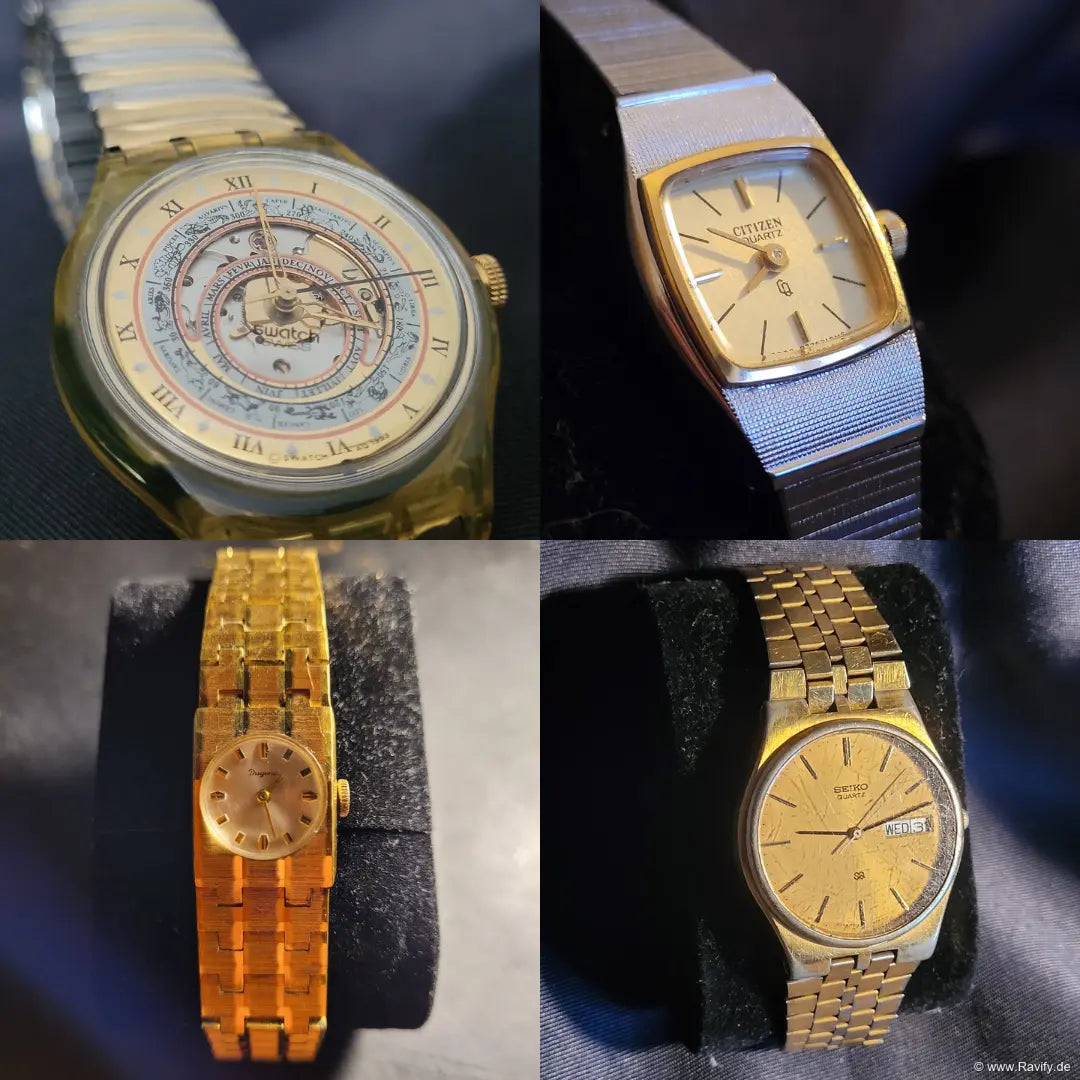 Collage aus vier Vintage-Armbanduhren: Swatch mit astrologischem Zifferblatt, eckige Bicolour-Citizen-Damenuhr, vergoldete Dugena-Damenuhr und goldfarbene Seiko S Quartz Herrenuhr mit Tag-Datum-Anzeige