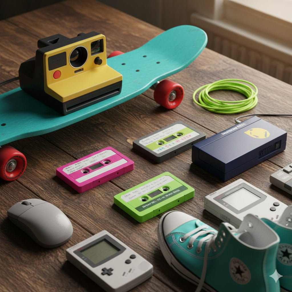 Bunte Sammlung von 90er-Jahre Retro-Gegenständen als Symbol für den Nostalgie-Boom