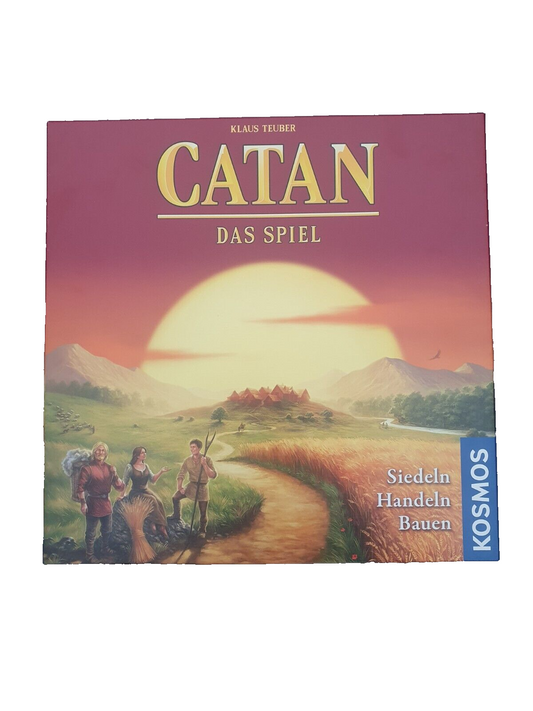 Die Verpackung des Brettspiels "Catan: Das Spiel" zeigt eine Landschaft mit Sonnenuntergang und drei Personen im Vordergrund. Unten rechts steht "Siedeln Handeln Bauen", am Rand das Kosmos-Logo.