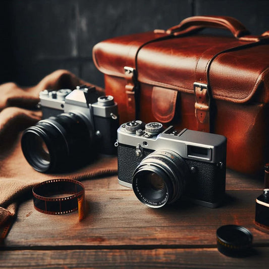 Zwei hochwertige Vintage-Kameras auf rustikalem Holztisch neben einer klassischen Ledertasche und einem analogen Filmstreifen – Ankauf von Analogkameras und Sammlerstücken bei Ravify.