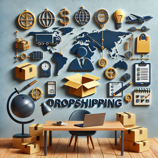 Dezentes Bild des Dropshipping-Konzepts ohne Menschen, mit dem Wort "Dropshipping" deutlich sichtbar. Versandpakete und Online-Shopping-Elemente symbolisieren den Direktversand.