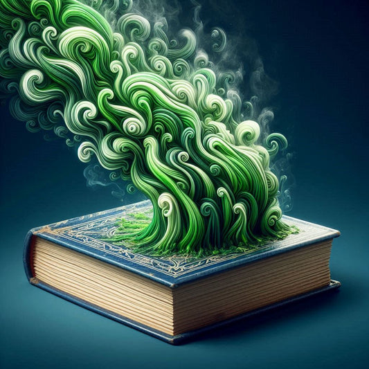 in altes Buch liegt offen auf einem Tisch, während grüne, wellenförmige Duftlinien aus den Seiten aufsteigen. Die grünen Rauchschwaden symbolisieren den unangenehmen Geruch, der von dem Buch ausgeht.