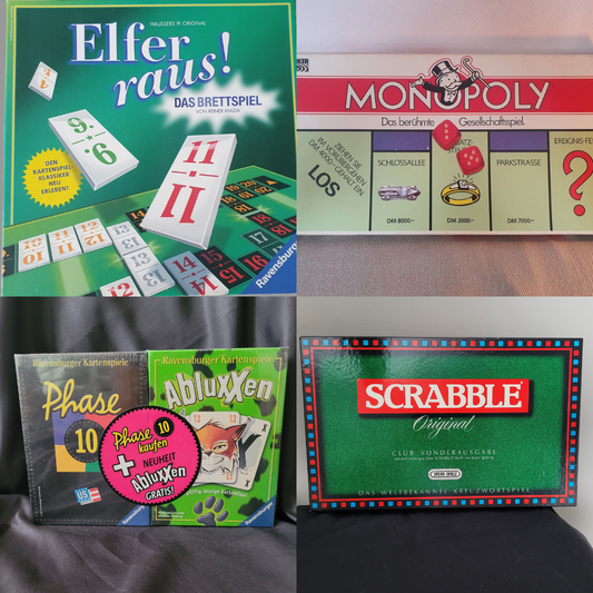 Sammlung von Gesellschaftsspielen wie Monopoly, Scrabble und Elfer raus bei Ravify Ankauf