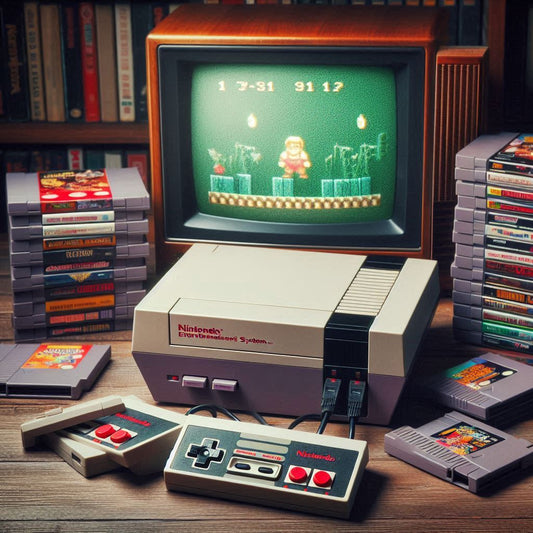 Ein klassisches Nintendo Entertainment System (NES) mit einem Controller, der auf einem Tisch liegt. Die NES-Konsole hat ein rechteckiges Design mit grauem und schwarzem Gehäuse. Der Controller ist ebenfalls grau mit schwarzen und roten Tasten.