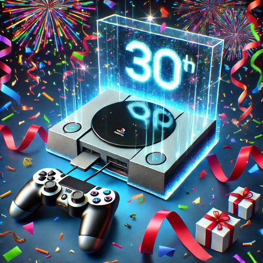30-jähriges Jubiläum der PlayStation – Collage aus PlayStation-Konsolen und ikonischen Spielen.