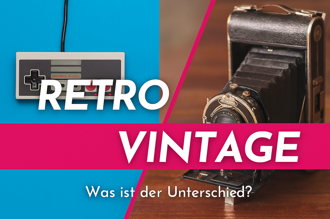 Vergleich Retro vs. Vintage: Links ein NES-Controller als Retro-Symbol, rechts eine klassische Balgenkamera als Vintage-Objekt. Blogartikel-Hauptbild „Was ist der Unterschied?“.