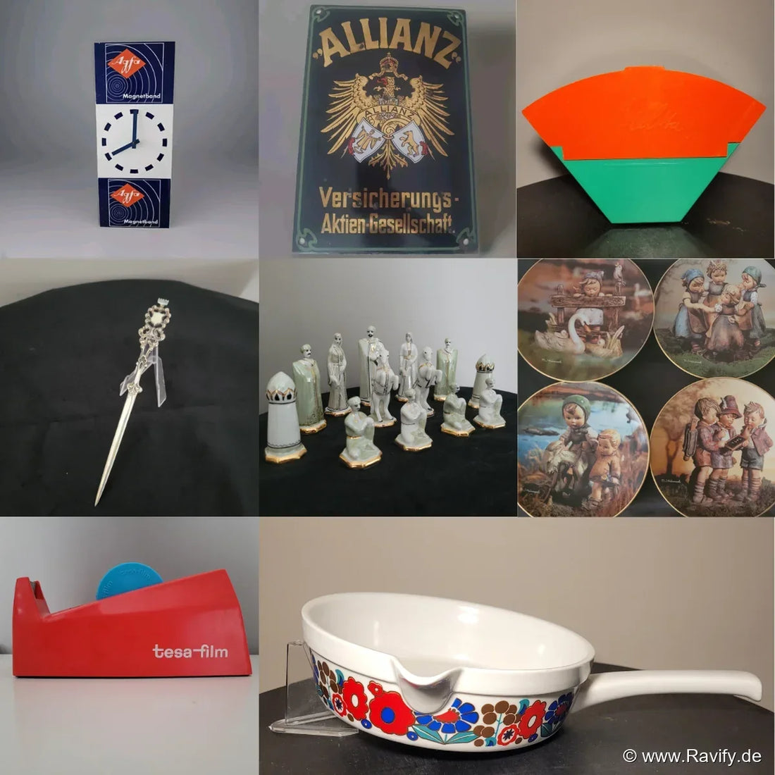 Seltene Vintage-Geschenke und Sammlerstücke: Agfa Werbeuhr, Allianz Emailleschild, Hummel Wandteller, Porzellan Schachfiguren und Melitta Retro Keramik