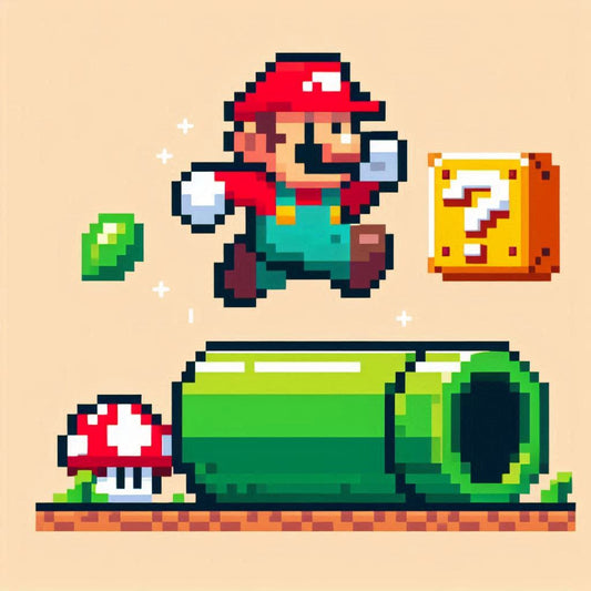 Das Bild zeigt eine pixelige Darstellung einer Figur, die an den Charakter Mario aus dem Videospiel 'Super Mario' erinnert. Die Figur trägt eine rote Mütze, einen roten Pullover und eine blaue Latzhose.