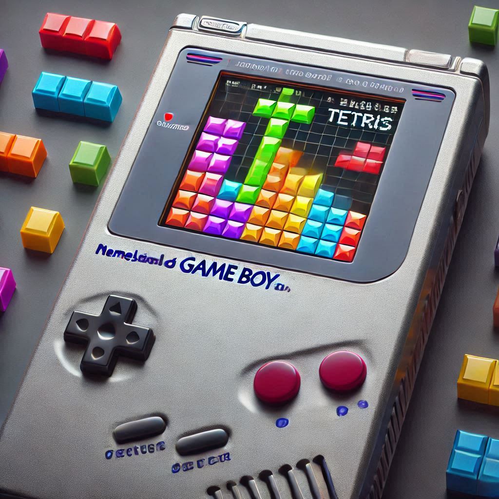 Klassisches Tetris-Spiel auf einem Gameboy-Bildschirm mit fallenden Tetrominos.