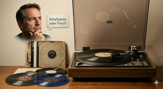 Ein nachdenklicher Mann vor einem Vintage-Plattenspieler mit der Frage 'Schallplatte oder Vinyl?' sowie verschiedenen LP-Formaten und Vinyl-Schallplatten zur Veranschaulichung der Unterschiede.