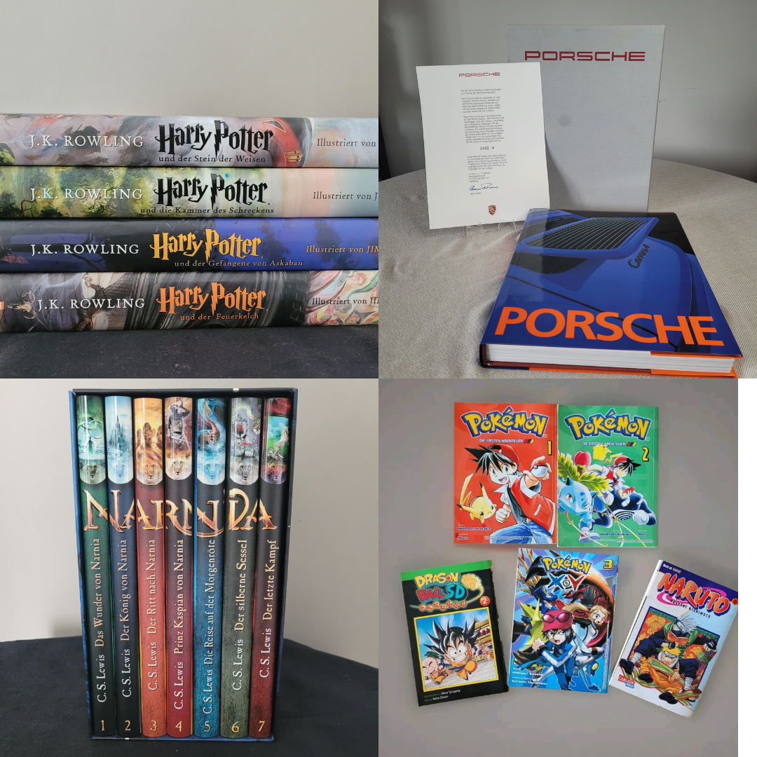 Collage mit Büchern und Comics: Harry Potter illustrierte Ausgaben von J.K. Rowling, zwei Porsche Bildbände, Die Chroniken von Narnia Boxset von C.S. Lewis sowie Manga und Comics mit Pokémon Adventures, Dragon Ball SD und Naruto.