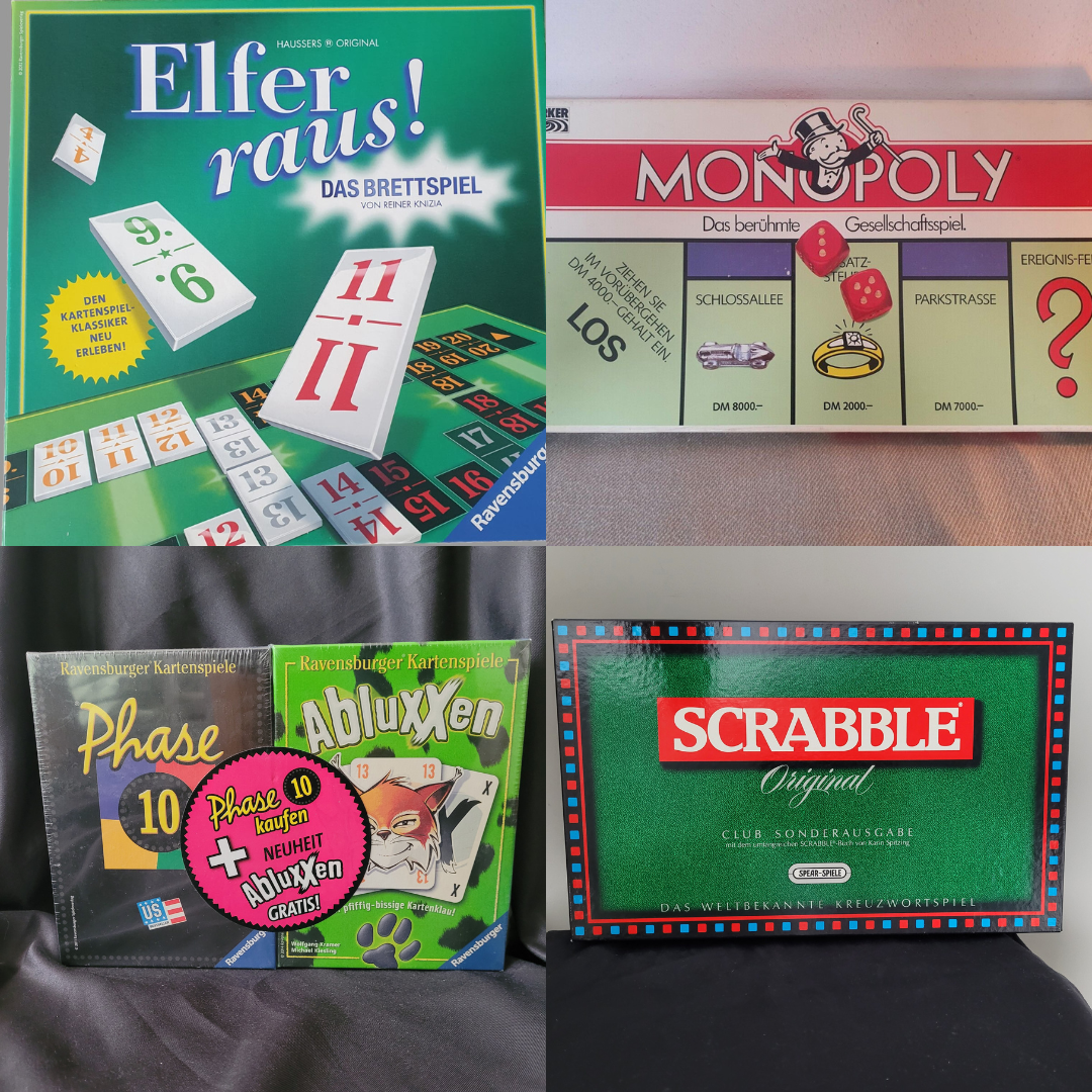 Collage mit Gesellschaftsspielen: Elfer raus! Brettspiel, Monopoly Edition in DM, Ravensburger Kartenspiele Phase 10 und Abluxxen sowie Scrabble Original Sonderausgabe.