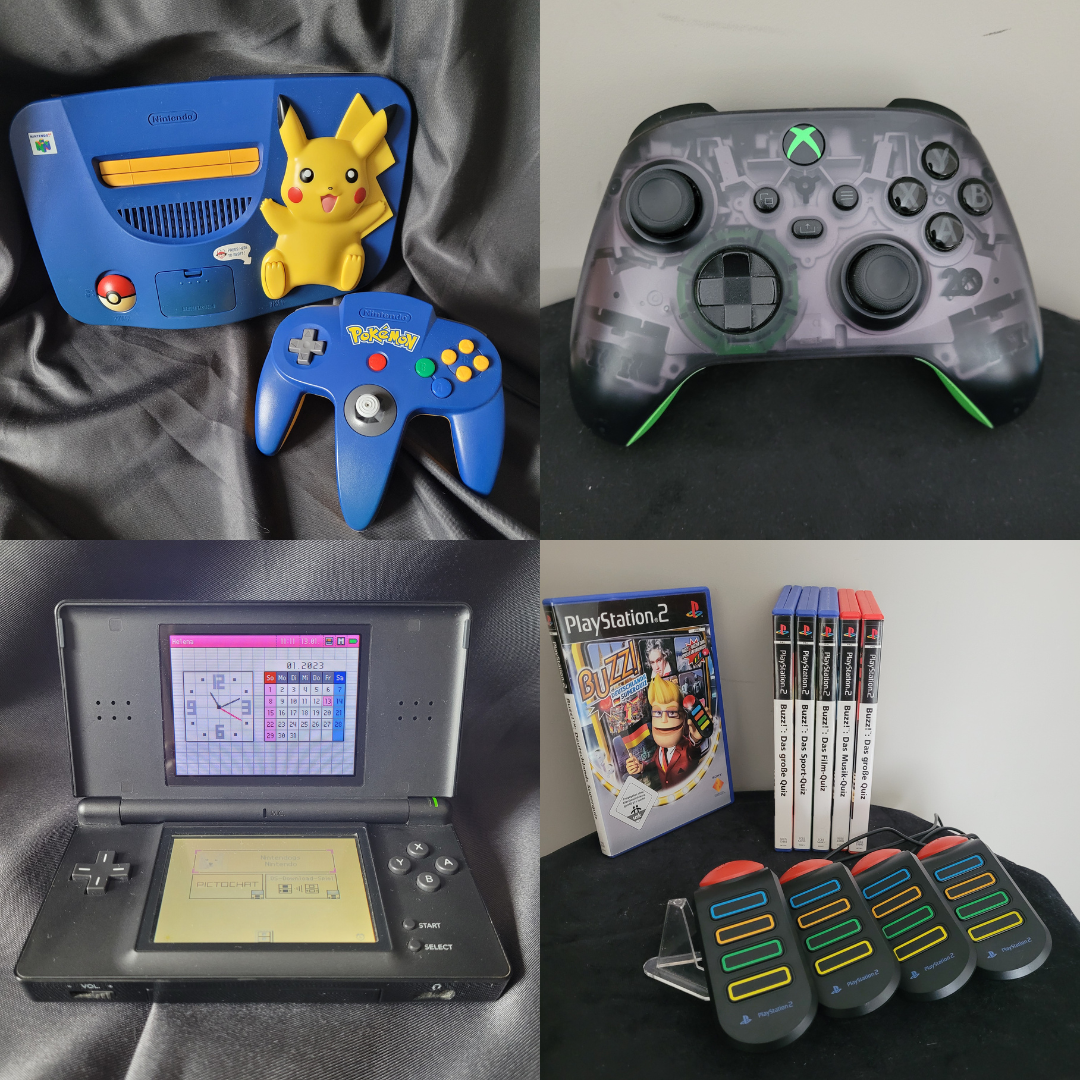 Collage mit Spielekonsolen und Zubehör: Pokémon Nintendo 64 Sonderedition mit Controller, Xbox Controller transparent schwarz-grün, Nintendo DS Handheld mit Spielanzeige und PlayStation 2 Buzz! Spiele mit Buzz-Controllern.