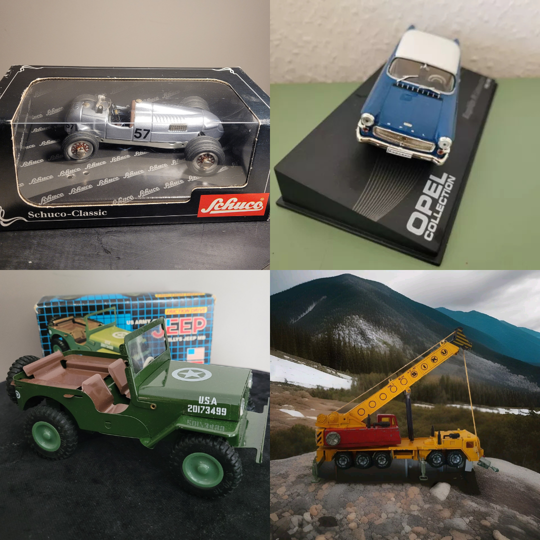 Collage mit Sammler- und Modellautos: silbernes Schuco Classic Rennwagenmodell Nr. 57, Opel Collection Oldtimer in Blau-Weiß, grüner Jeep Militärmodellwagen und gelber Siku-Kranwagen.