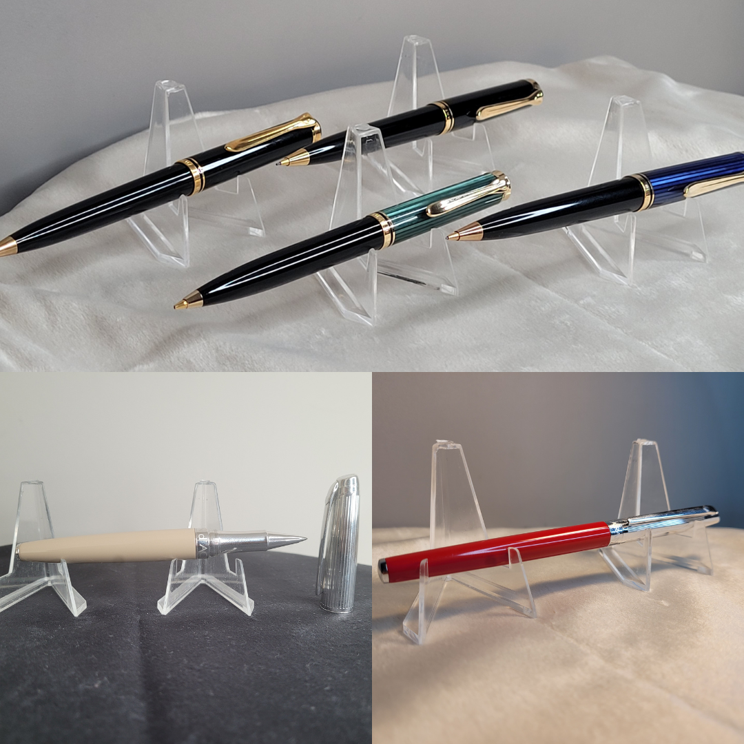 Collage mit edlen Kugelschreibern: Montblanc Klassiker in Schwarz mit Goldakzenten, Caran d’Ache Designmodelle in Blau, Rot und Beige sowie Pelikan Kugelschreiber in elegantem Schwarz-Grün.