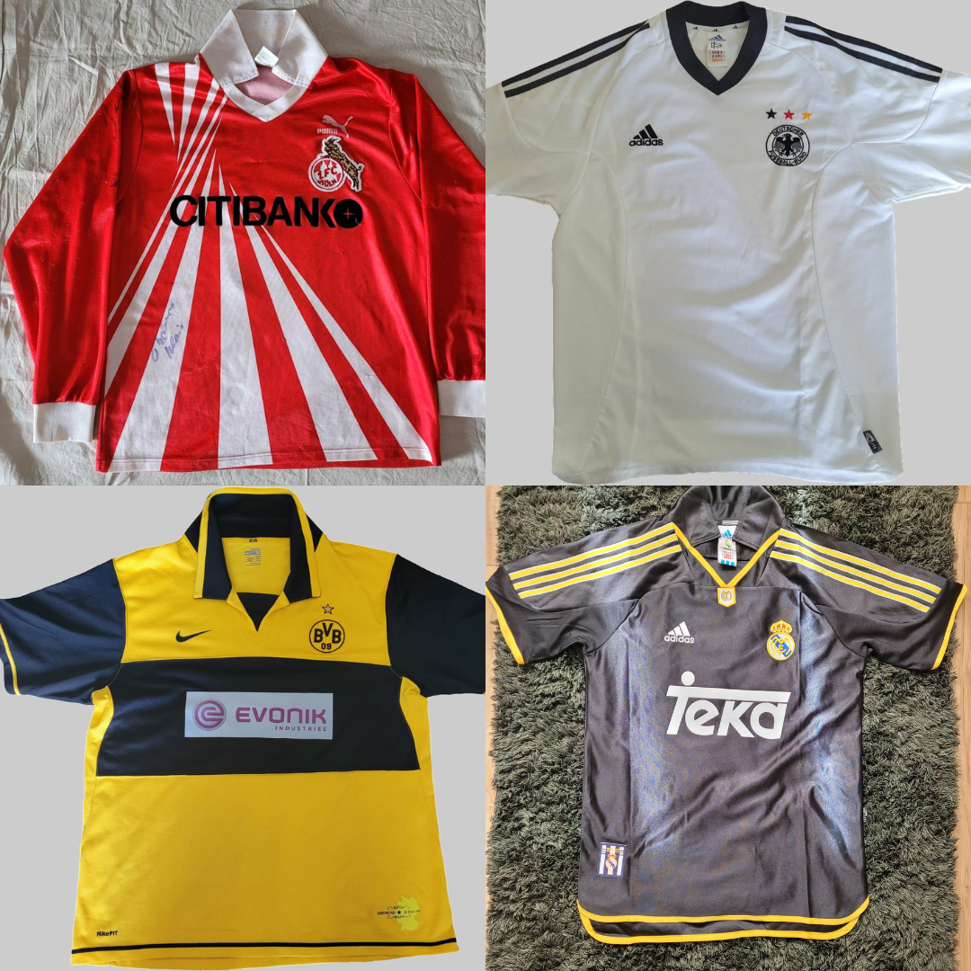 Collage mit Fußballtrikots: 1. FC Köln Heimtrikot , Deutschland Nationalmannschaft Trikot mit drei Sternen, Borussia Dortmund BVB Trikot in Gelb-Schwarz mit Evonik und Real Madrid Auswärtstrikot Grau mit Teka Sponsor.