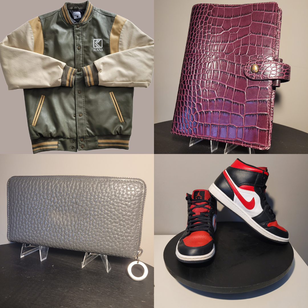 Collage mit Mode- und Lifestyle-Artikeln: Karl Kani Collegejacke, Voi Portemonnaie, Filofax Organizer in Lederoptik und Nike Air Jordan 1 Mid White Black Red Sneaker.