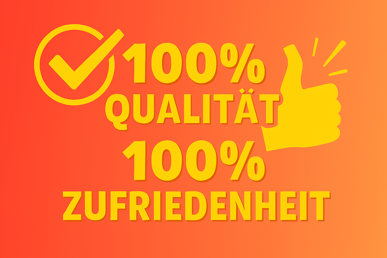 Grafik mit orangefarbenem Hintergrund und goldgelben Symbolen – Checkmark und Daumen-hoch – als visuelle Darstellung von 100% Qualität und 100% Kundenzufriedenheit im Retro- und Vintage-Onlineshop Ravify.