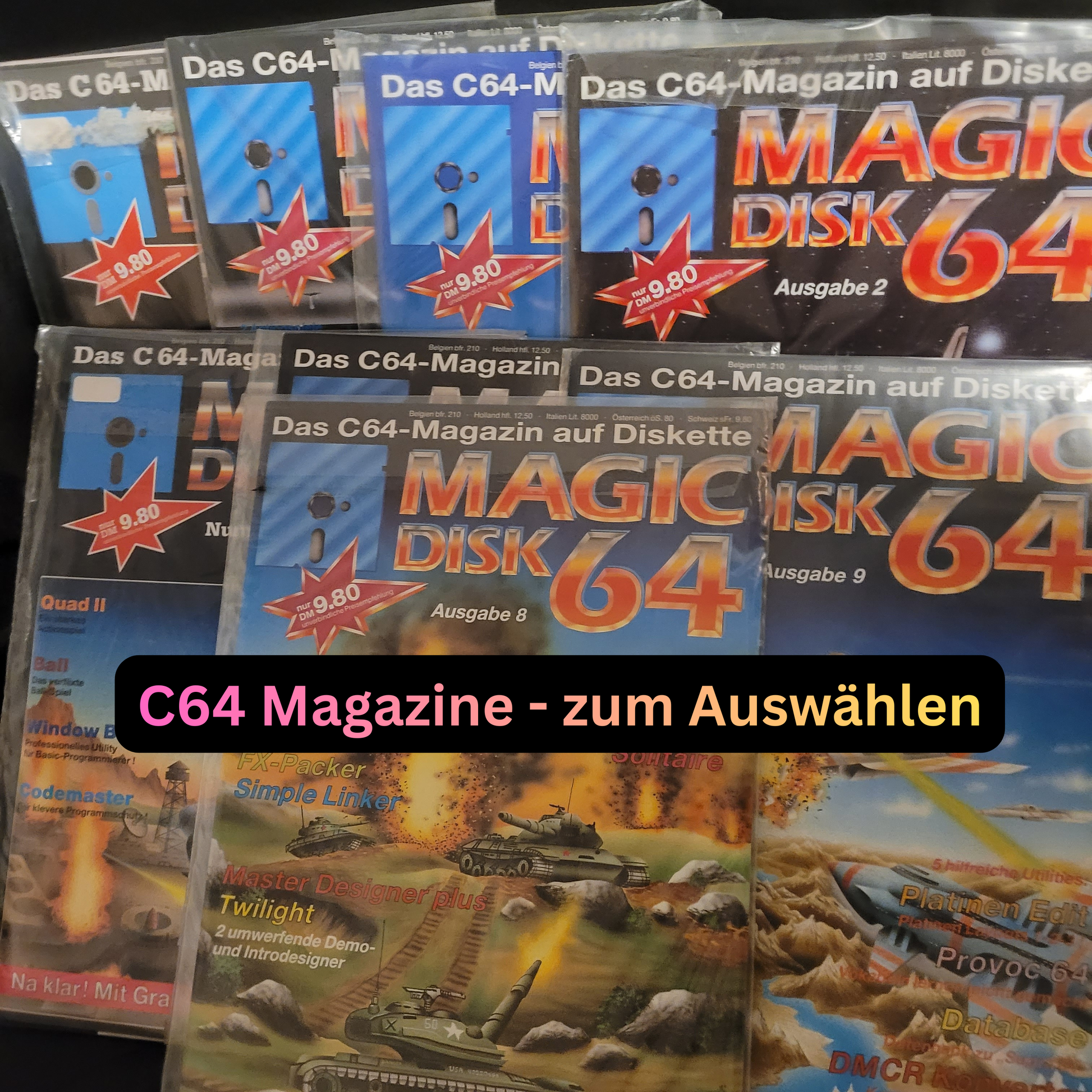 Vintage Disketten „Magic Disk 64“ für Commodore C64 mit farbigen Covermotiven, Ausgaben 2, 8 und 9, inklusive Spiele und Utilities.