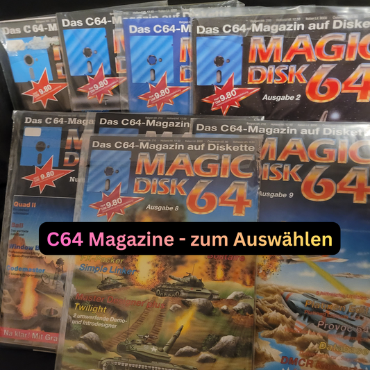 Vintage Disketten „Magic Disk 64“ für Commodore C64 mit farbigen Covermotiven, Ausgaben 2, 8 und 9, inklusive Spiele und Utilities.