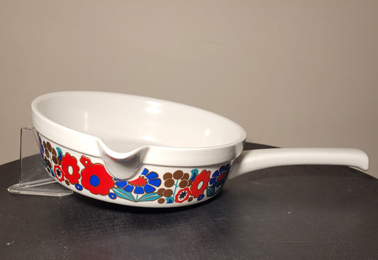 Weiße Keramikpfanne mit buntem Blumenmuster, langem Griff und Ausgießnase, auf schwarzem Tisch und transparentem Ständer.