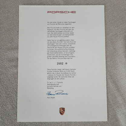 Offizielles Porsche-Dokument mit roten vertikalen "PORSCHE"-Schriftzug links, textlichem Inhalt über Porsche und Unterschriften von Dr. Ing. h.c. F. Porsche und Hans Riedel.