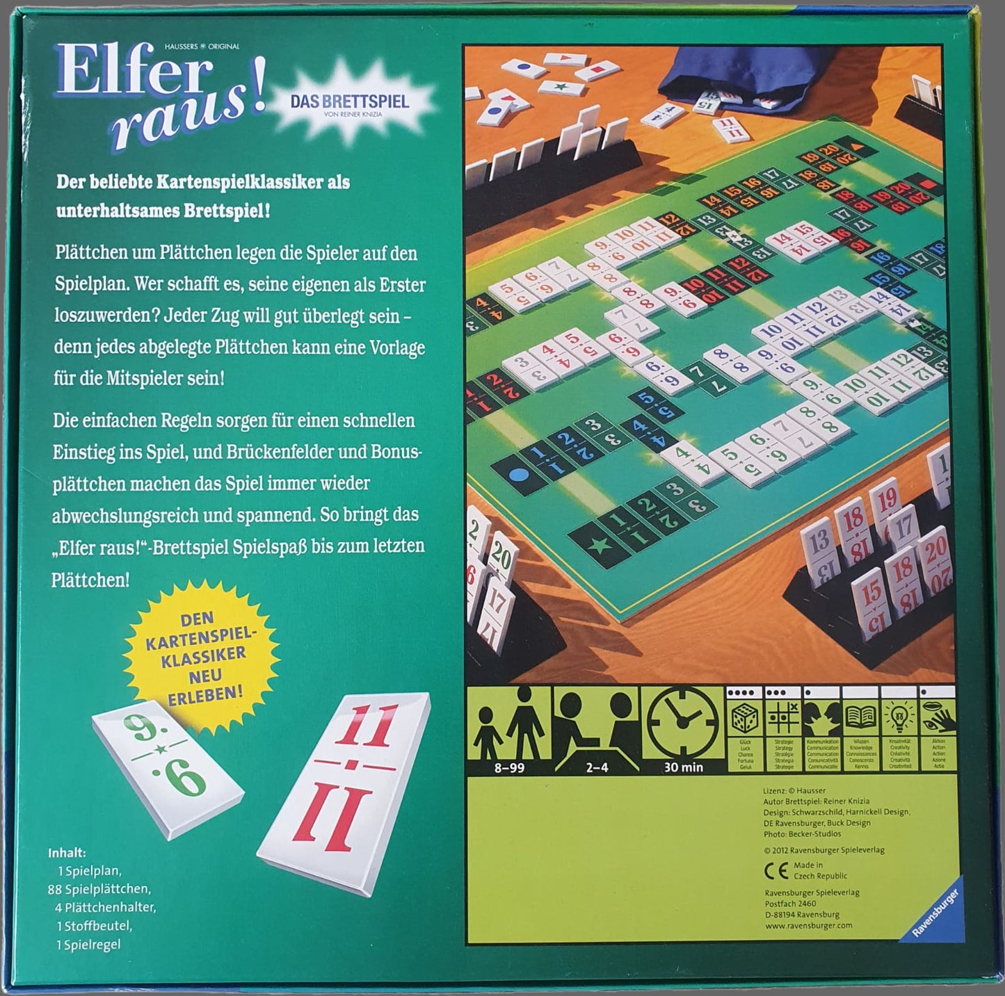 Das Bild zeigt die Rückseite des „Elfer Raus! - Brettspiels“ von Ravensburger. Auf der Verpackung sind detaillierte Informationen zum Spielablauf und den Regeln übersichtlich dargestellt. Die Gestaltung umfasst das klassische Kartenlayout sowie Hinweise zur Spieleranzahl und empfohlene Altersgruppe. Das Ravensburger-Logo ist ebenfalls gut sichtbar, was die Originalität des Spiels unterstreicht. Das Bild ist auf einem dunklen Hintergrund platziert, wodurch die Farben und Details besonders hervorgehoben werde
