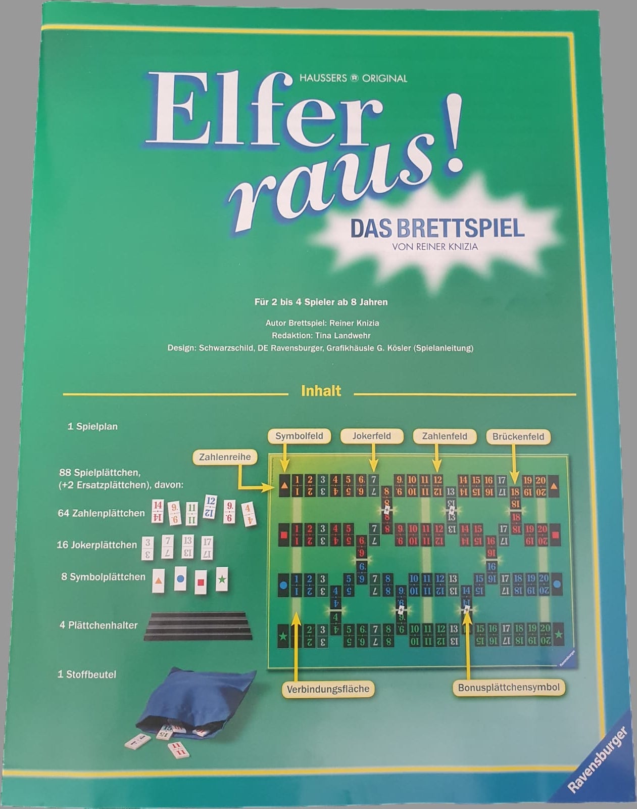 Das Bild zeigt die Spielanleitung des „Elfer Raus! - Brettspiels“ von Ravensburger. Die Anleitung ist offen ausgelegt und präsentiert übersichtliche Regeln sowie erklärende Texte zum Spielablauf. Die Seiten sind klar strukturiert und enthalten sowohl Schritt-für-Schritt-Anleitungen als auch Beispielbilder, die das Spielprinzip von „Elfer Raus!“ verdeutlichen. Das Ravensburger-Logo ist ebenfalls sichtbar, was die Authentizität der Anleitung unterstreicht.