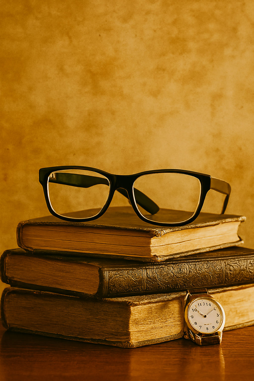 Schwarze Brille auf antiken, ledergebundenen Büchern vor warmem Vintage-Hintergrund – Symbol für Erfahrung und Expertise im Retro- und Vintage-Onlineshop Ravify.