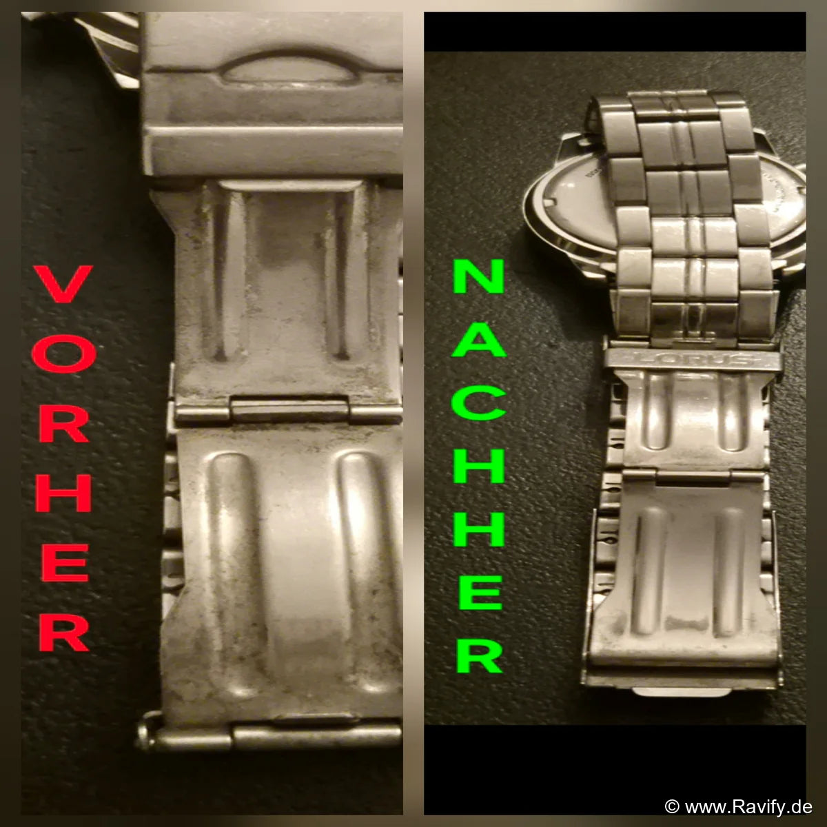Lorus Chronograph V657-X052 Herrenuhr mit blauem Zifferblatt und Hilfszifferblättern. Vorher-Nachher-Effekt nach Reinigung.