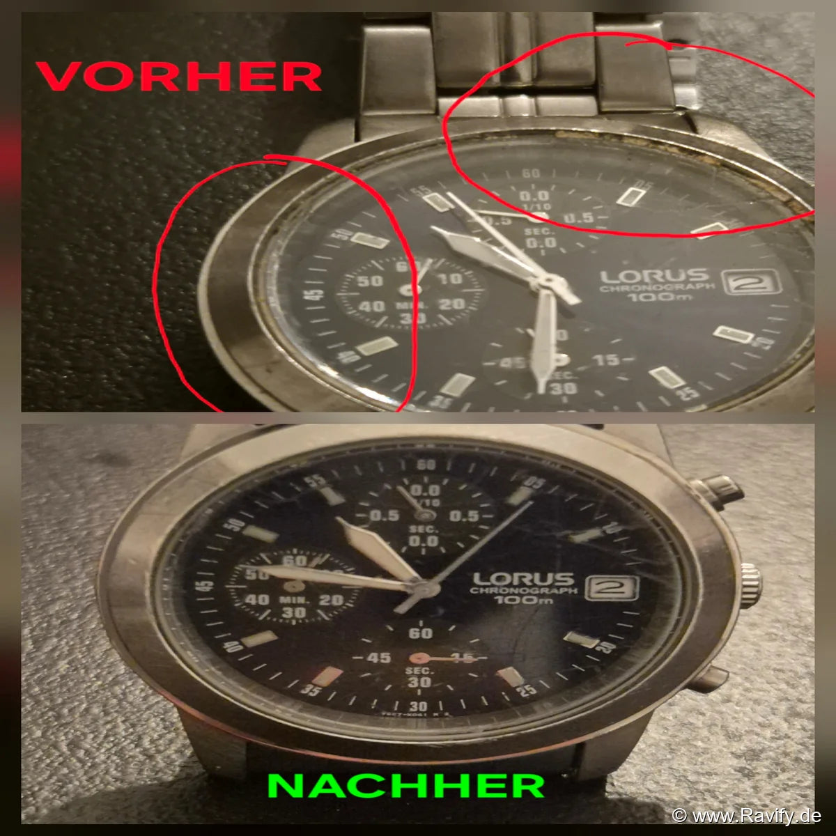 Lorus Chronograph V657-X052 Herrenuhr mit blauem Zifferblatt und Hilfszifferblättern. Vorher-Nachher-Effekt nach Reinigung.