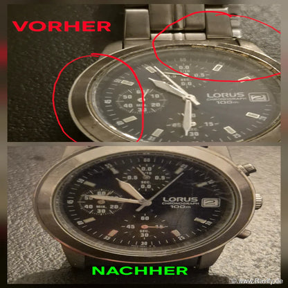 Lorus Chronograph V657-X052 Herrenuhr mit blauem Zifferblatt und Hilfszifferblättern. Vorher-Nachher-Effekt nach Reinigung.