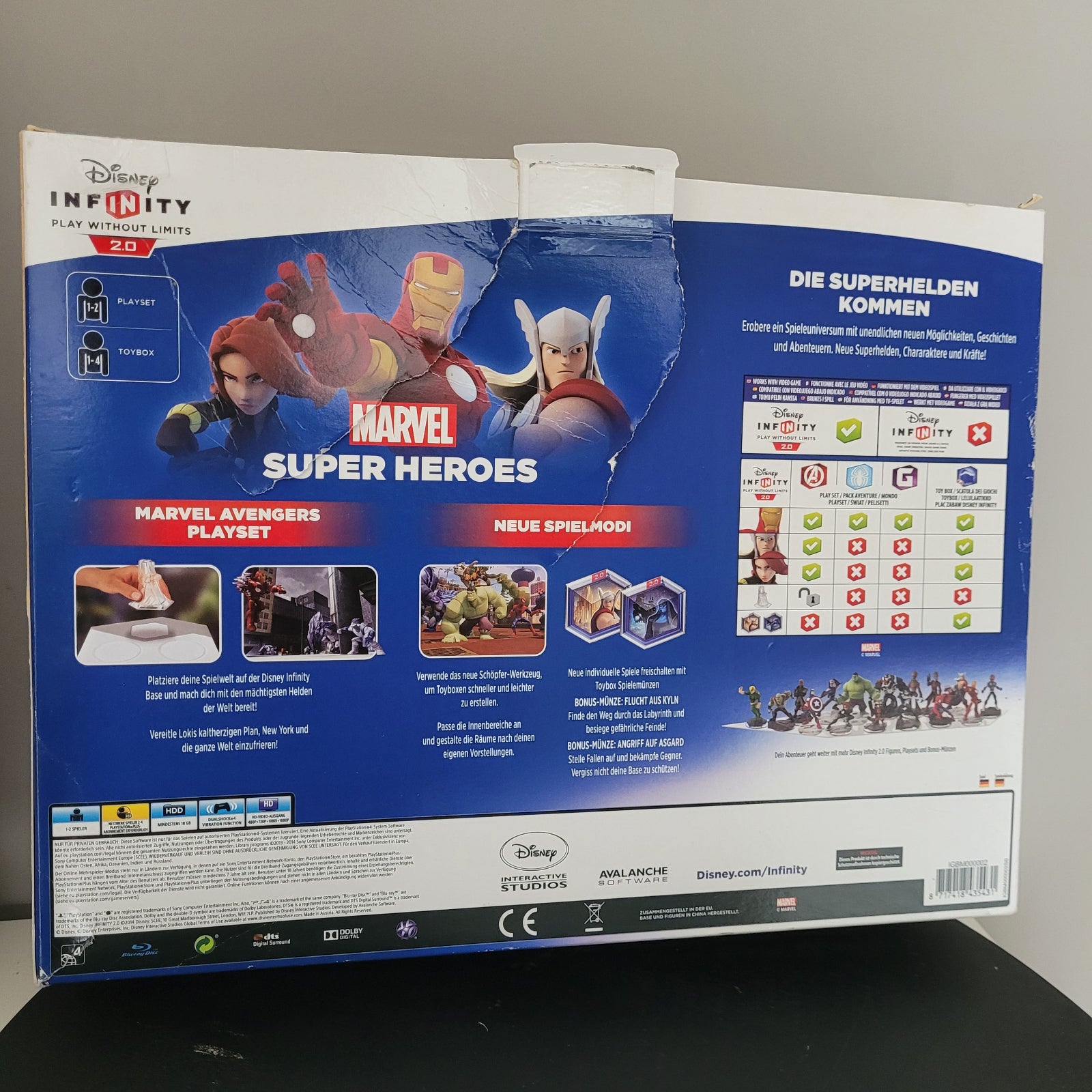 Die Rückseite des PS4 Disney Infinity 2.0 Marvel Super Heroes Startersets. Auf der Verpackung sind verschiedene Elemente zu sehen, darunter das Disney Infinity 2.0-Logo, eine große Darstellung von Iron Man und Thor aus den Marvel Avengers sowie Informationen zu Spielmodi und Kompatibilität. Die Texte auf der Verpackung sind in deutscher Sprache verfasst und geben Details zu den Funktionen und Inhalten des Playsets.