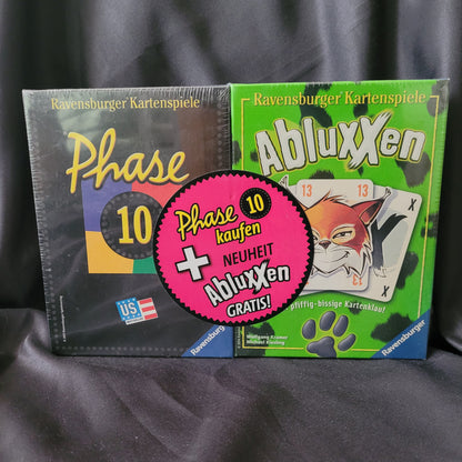 Phase 10 + Abluxxen 2in1 Ravensburger Kartenspiele – Neu OVP – EAN 4049817651452, Vorderseite mit Aktionssticker „Phase 10 kaufen + Abluxxen gratis“, beliebte Familienspiele im Bundle