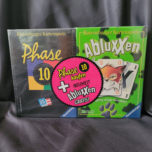 Phase 10 + Abluxxen 2in1 Ravensburger Kartenspiele – Neu OVP – EAN 4049817651452, Vorderseite mit Aktionssticker „Phase 10 kaufen + Abluxxen gratis“, beliebte Familienspiele im Bundle