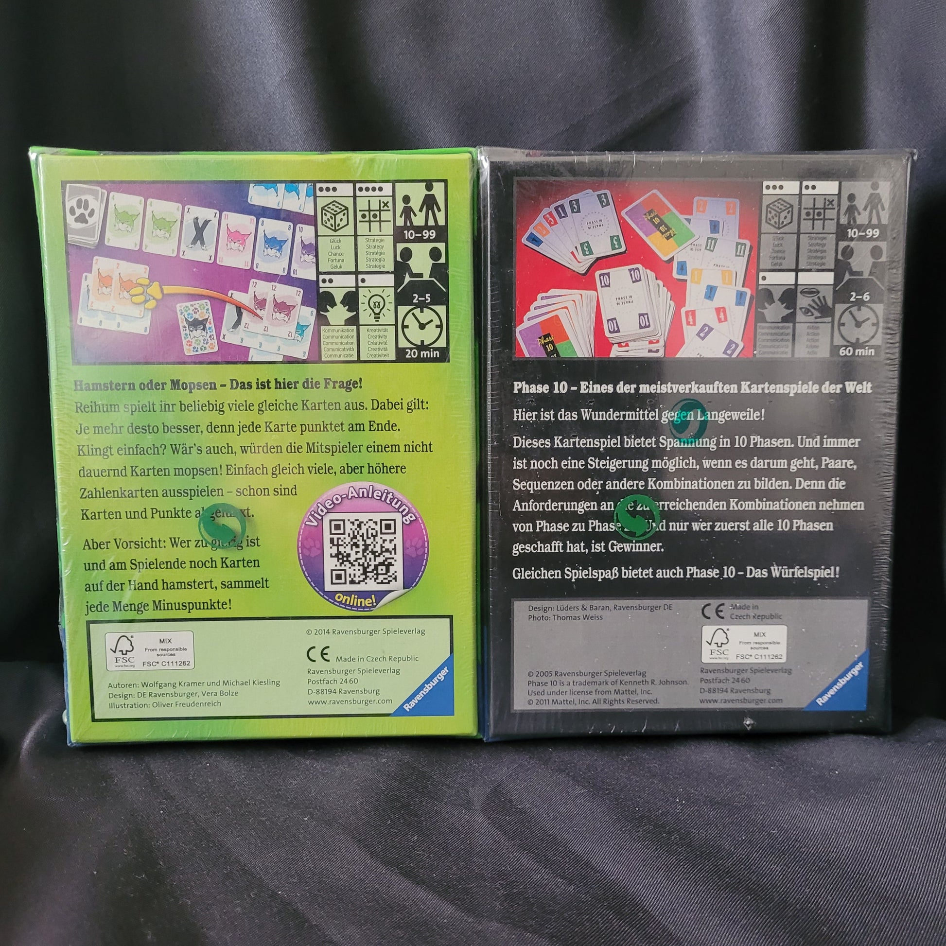 Phase 10 + Abluxxen 2in1 Ravensburger Kartenspiele – Rückseite – EAN 4049817651452, zeigt Spielinformationen, Altersangaben, Spieleranzahl, CE-Kennzeichen, Recycling-Symbole und Abbildungen der Karten.
