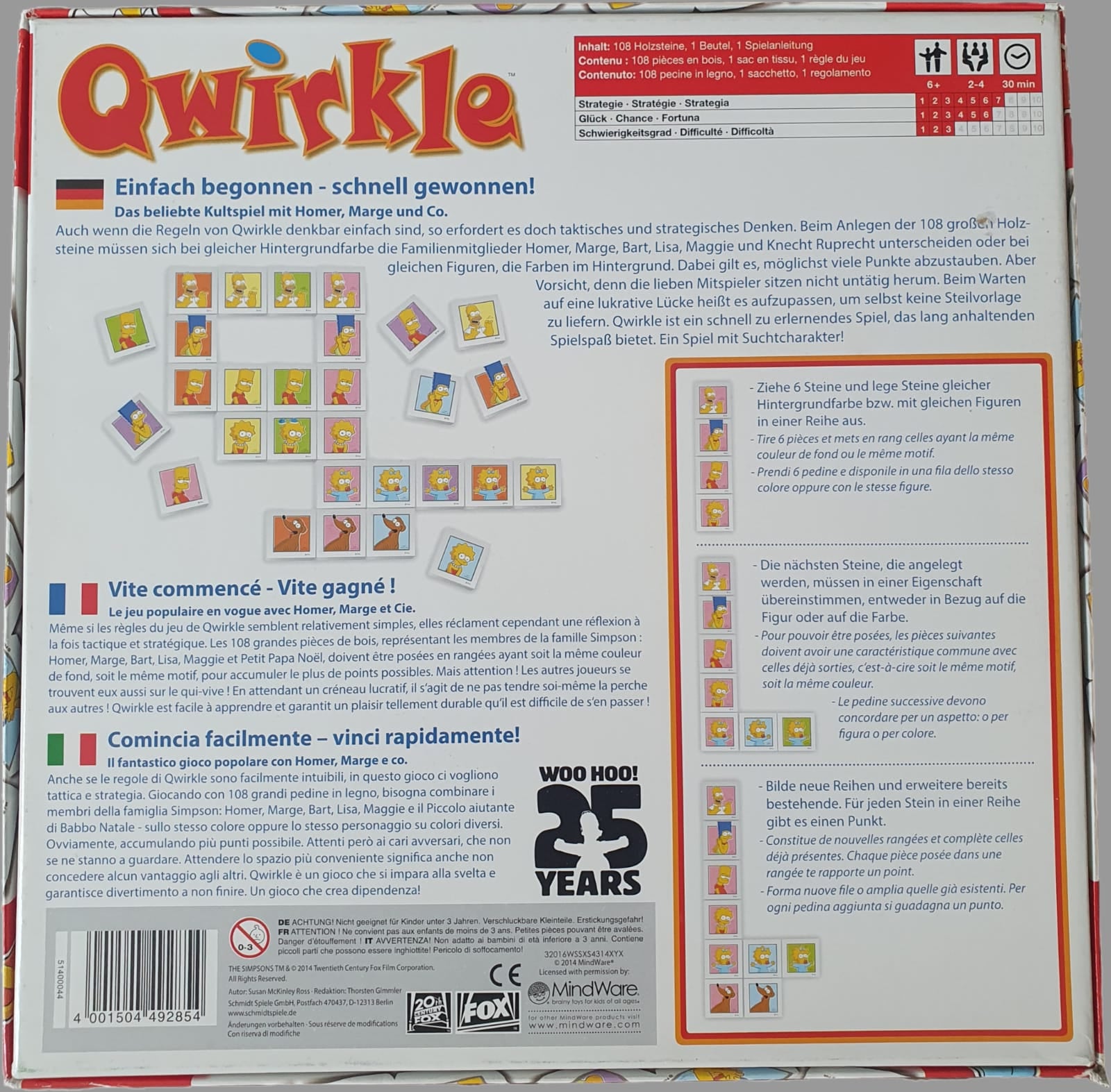 Das Bild zeigt die Rückseite des „Qwirkle - The Simpsons“ Gesellschaftsspiels von Schmidt Spiele (Modellnummer: 49285). Die Verpackung enthält eine detaillierte Beschreibung des Spiels und seiner Regeln, verziert mit bekannten Simpsons-Charakteren. Die typischen Spielsteine sowie strategische Hinweise sind gut sichtbar dargestellt. Zudem sind die wichtigsten Spielinformationen und Altersangaben übersichtlich aufgeführt, um potenziellen Käufern eine schnelle Orientierung zu ermöglichen.