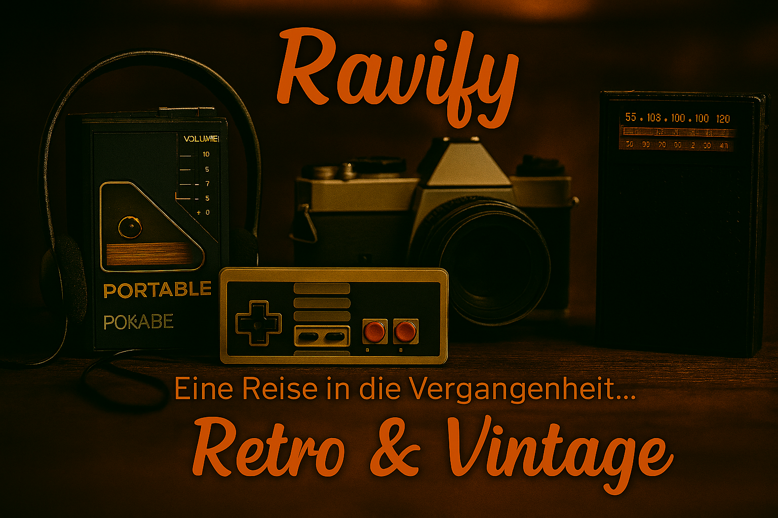Ravify Hero-Bild mit Retro & Vintage Elektronik – Kassettenplayer, Retro-Controller, Kamera und Transistorradio auf Holzfläche, Nostalgie im Retro-Orange Design.