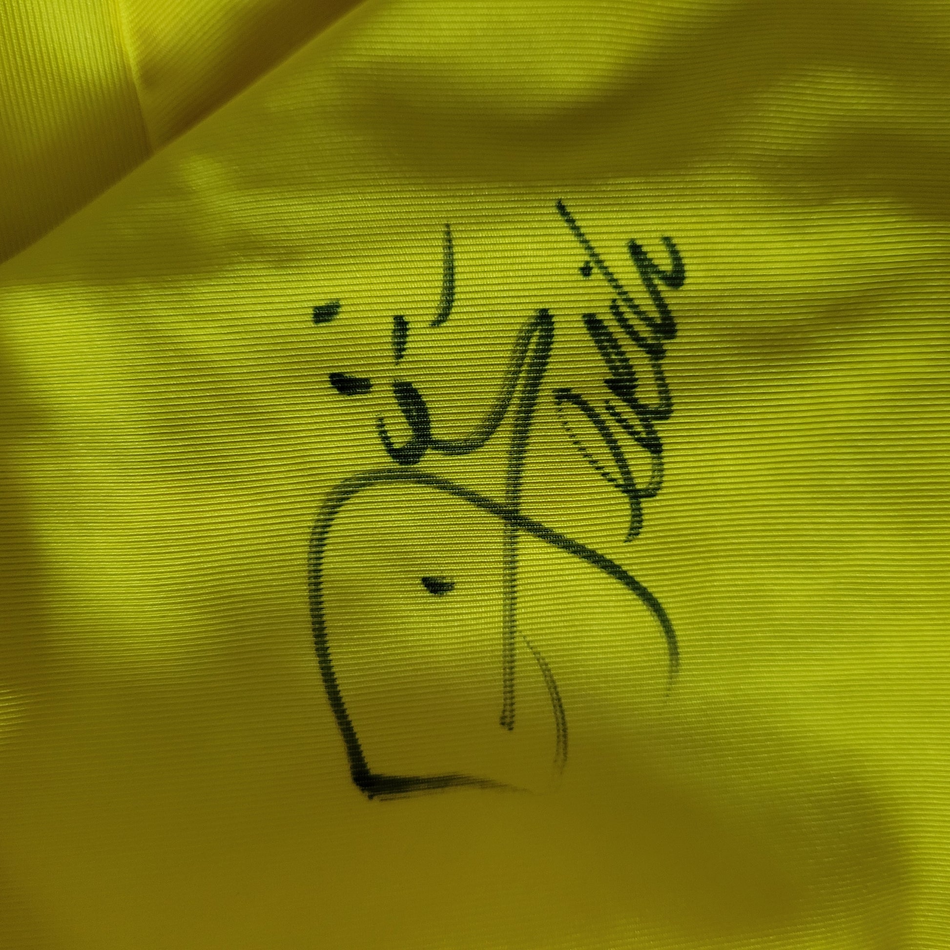 Unterschrift bzw. Signatur eines Spielers des TSV Alemannia Aachen aus der Bundesliga Saison 2006/2007 ist zu sehen. in Schwarz und der Hintergrund ist gelb.