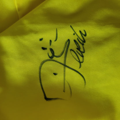 Unterschrift bzw. Signatur eines Spielers des TSV Alemannia Aachen aus der Bundesliga Saison 2006/2007 ist zu sehen. in Schwarz und der Hintergrund ist gelb.