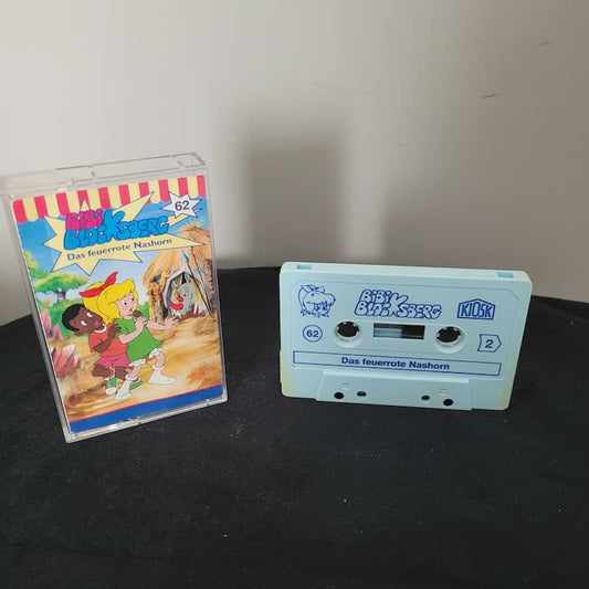 Bibi Blocksberg Hörspielkassette Folge 62 'Das feuerrote Nashorn' in der originalen Kiosk-Hülle mit hellblauer MC.