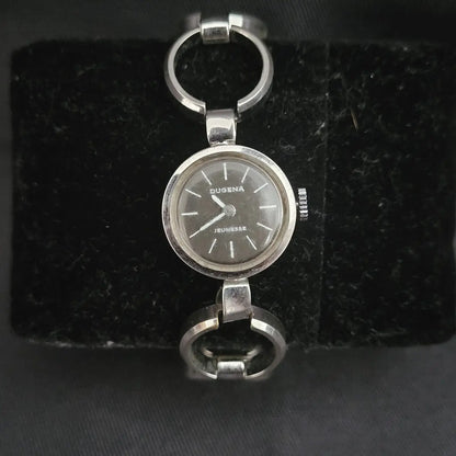 Klassische Dugena Jeunesse Automatik Armbanduhr mit rundem Gehäuse und filigranem Armband im Vintage-Stil.