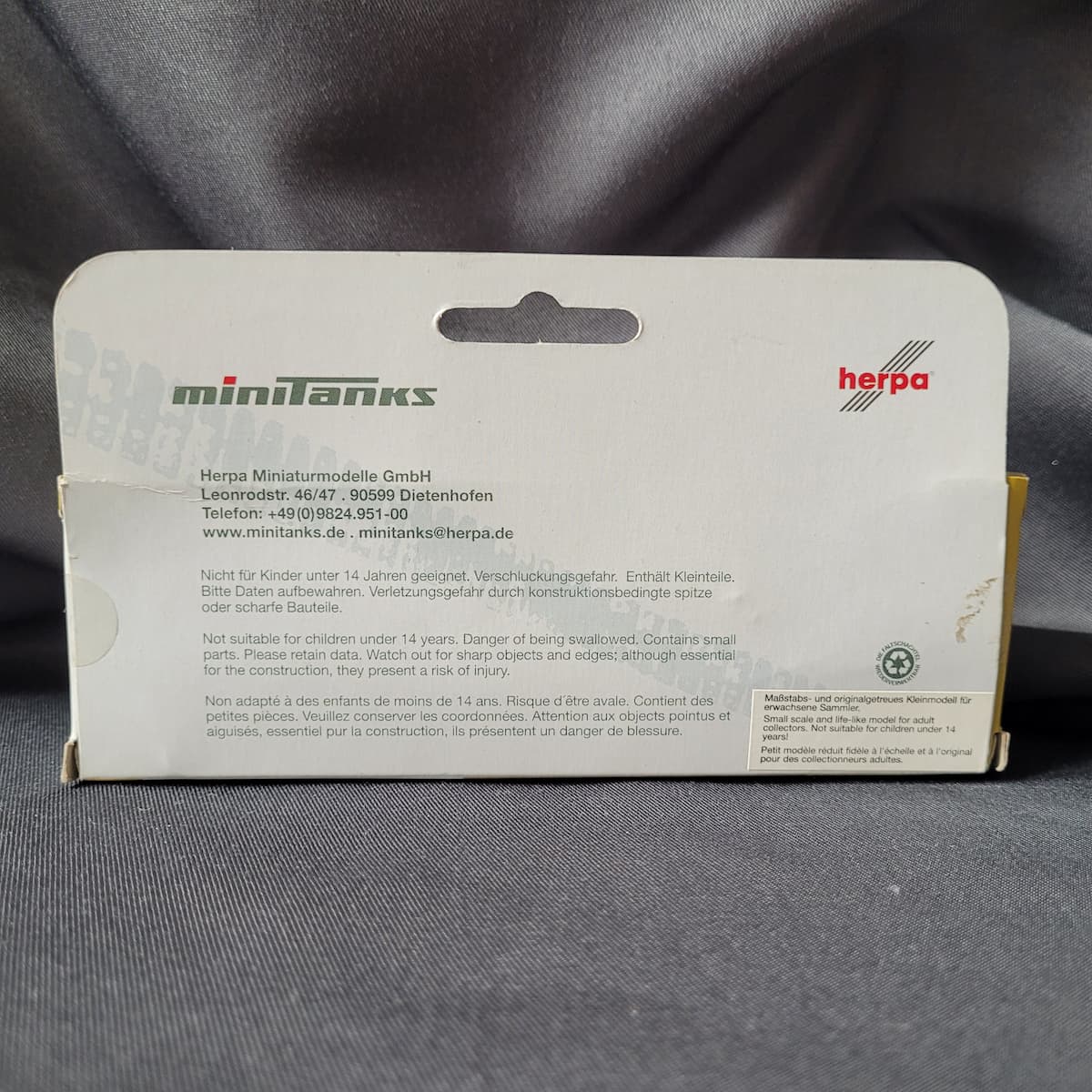 Militär-Miniaturmodell FlakPz Gepard 1 A2 von Herpa Minitanks in Originalverpackung. Rueckseite.